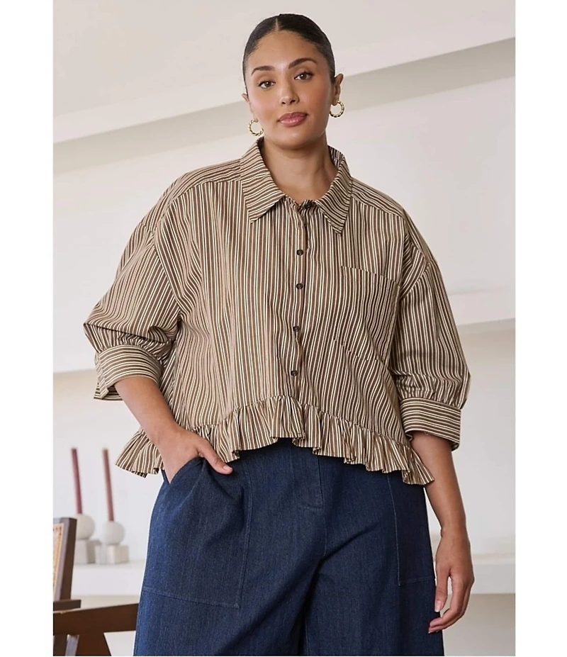 Sugarlips Plus Size Striped Collared Short Sleeve Ruffle Hem Button Front Top