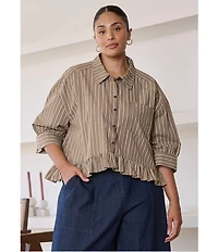 Sugarlips Plus Size Striped Collared Short Sleeve Ruffle Hem Button Front Top