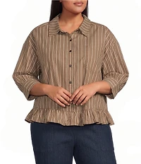 Sugarlips Plus Size Striped Collared 3/4 Sleeve Ruffle Hem Button Front Top