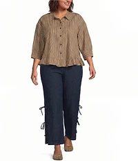 Sugarlips Plus Size Striped Collared 3/4 Sleeve Ruffle Hem Button Front Top