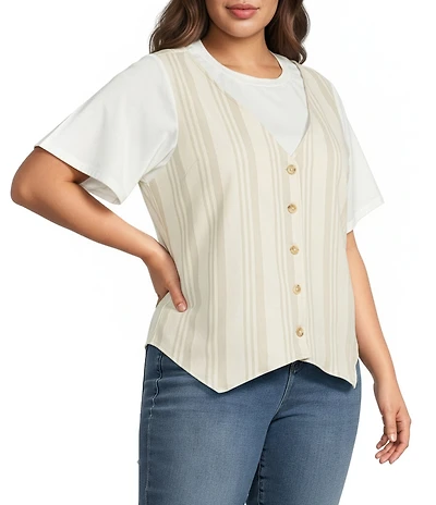 Sugarlips Plus Size Striped Two-fer Crew Neck Short Sleeve T-Shirt and Vest Coordinating Top