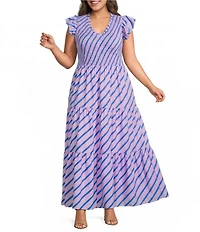 Sugarlips Plus Size Sunfire Stripe Print V-Neck Cap Sleeve Tiered Midi Dress