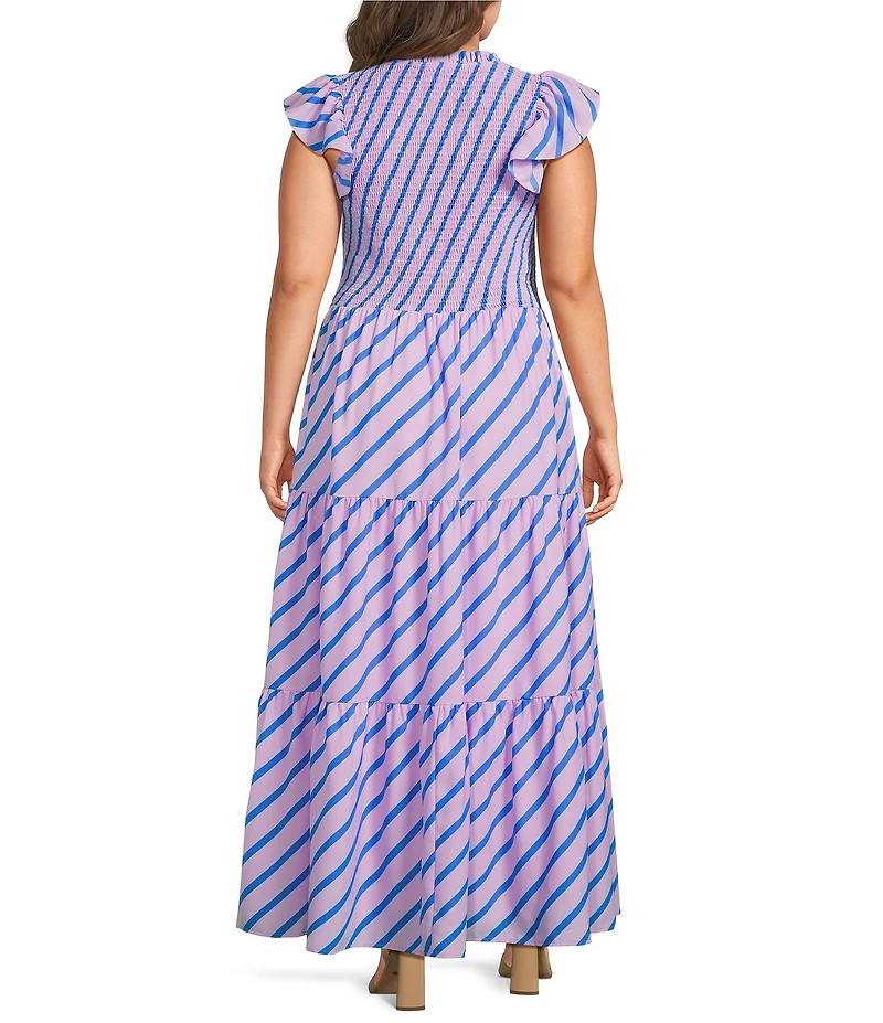 Sugarlips Plus Size Sunfire Stripe Print V-Neck Cap Sleeve Tiered Midi Dress