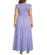 Sugarlips Plus Size Sunfire Stripe Print V-Neck Cap Sleeve Tiered Midi Dress