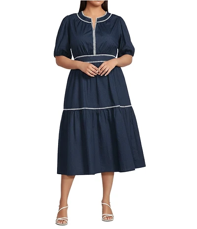 Sugarlips Plus Size Taliah Poplin Split V-Neck Short Puff Sleeve Midi Dress