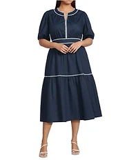 Sugarlips Plus Size Taliah Poplin Split V-Neck Short Puff Sleeve Midi Dress