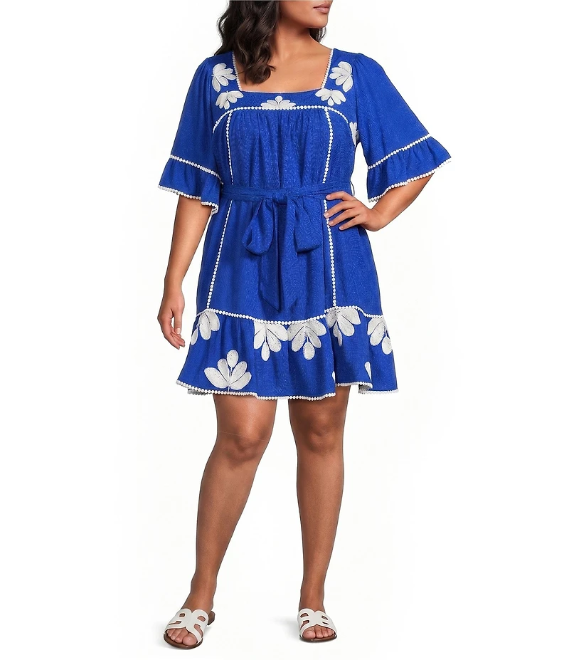 Sugarlips Plus Size Tanya Floral Embroidered Square Neck Flutter Sleeve Linen Mini Dress