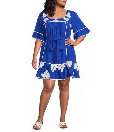Sugarlips Plus Size Tanya Floral Embroidered Square Neck Flutter Sleeve Linen Mini Dress