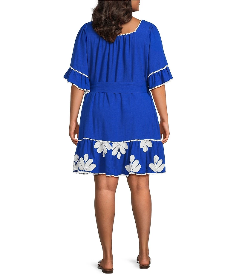 Sugarlips Plus Size Tanya Floral Embroidered Square Neck Flutter Sleeve Linen Mini Dress