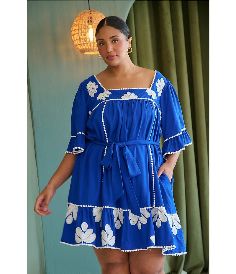 Sugarlips Plus Size Tanya Floral Embroidered Square Neck Flutter Sleeve Linen Mini Dress