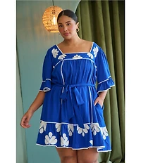 Sugarlips Plus Size Tanya Floral Embroidered Square Neck Flutter Sleeve Linen Mini Dress