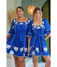 Sugarlips Plus Size Tanya Floral Embroidered Square Neck Flutter Sleeve Linen Mini Dress