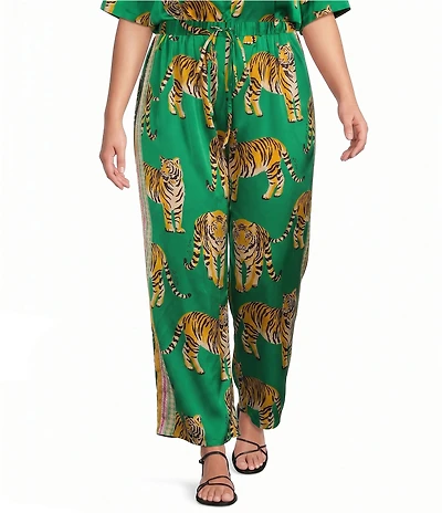 Sugarlips Plus Size Tiger Jungle Printed Satin High-Rise Wide Leg Coordinating Pants