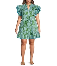 Sugarlips Plus Size Tressa Floral Print Alina Split V-Neck Ruffle Cap Sleeve Poplin Mini Shift Dress