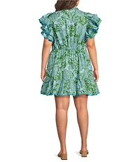 Sugarlips Plus Size Tressa Floral Print Alina Split V-Neck Ruffle Cap Sleeve Poplin Mini Shift Dress