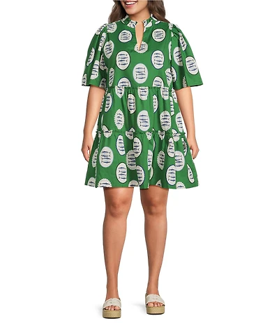 Sugarlips Plus Size Tropical Dixie Printed Split V-Neck Short Sleeve Poplin Shift Dress