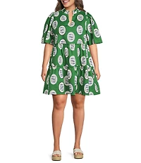 Sugarlips Plus Size Tropical Dixie Printed Split V-Neck Short Sleeve Poplin Shift Dress