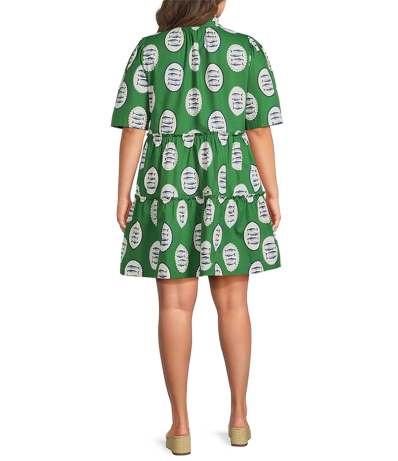 Sugarlips Plus Size Tropical Dixie Printed Split V-Neck Short Sleeve Poplin Shift Dress