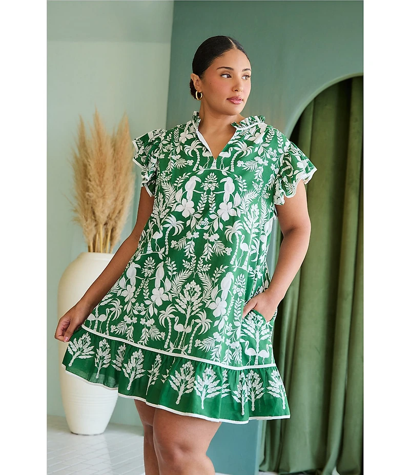 Sugarlips Plus Size Tropical Ebba Printed Split Neck Ruffle Cap Sleeve Mini Shift Dress