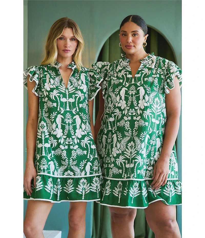 Sugarlips Plus Size Tropical Ebba Printed Split Neck Ruffle Cap Sleeve Mini Shift Dress