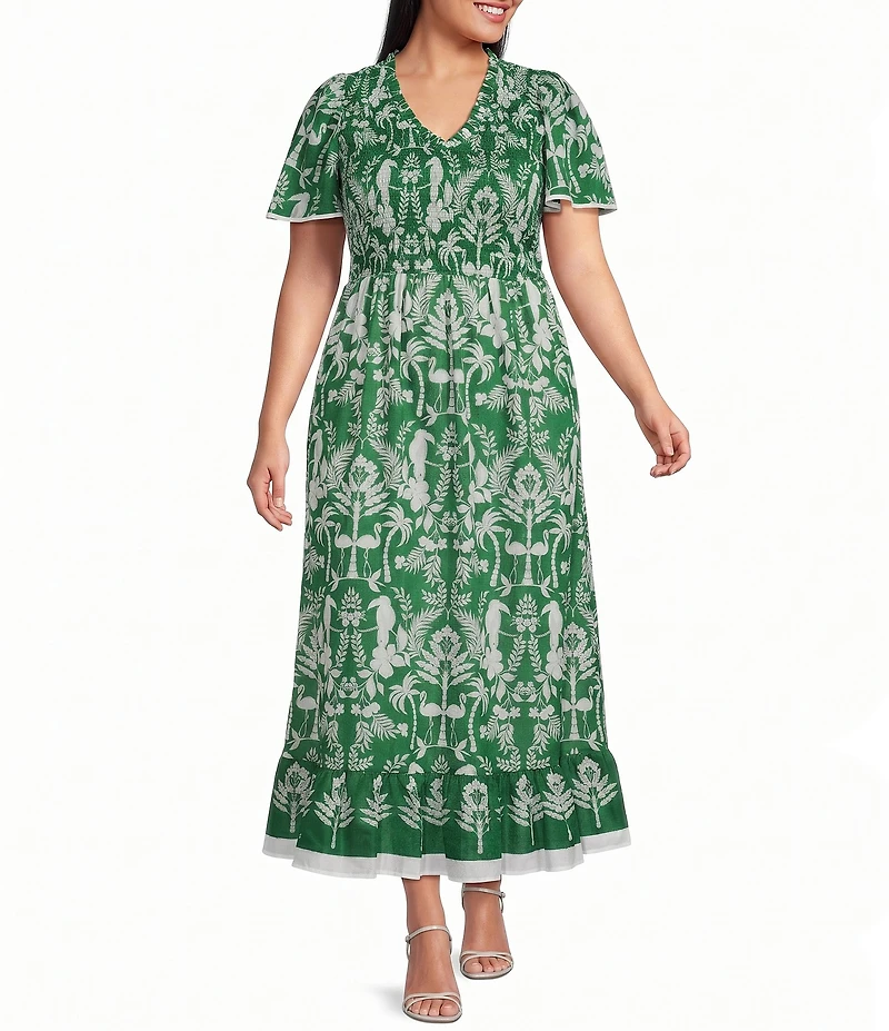 Sugarlips Plus Size Tropical Printed Adina Smocked V-Neck Short Sleeve A-Line Maxi Dress