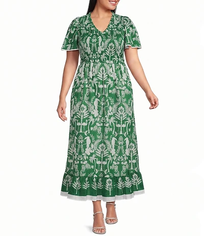 Sugarlips Plus Size Tropical Printed Adina Smocked V-Neck Short Sleeve A-Line Maxi Dress