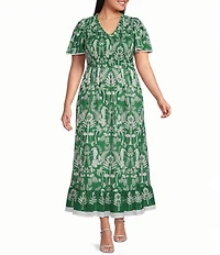 Sugarlips Plus Size Tropical Printed Adina Smocked V-Neck Short Sleeve A-Line Maxi Dress
