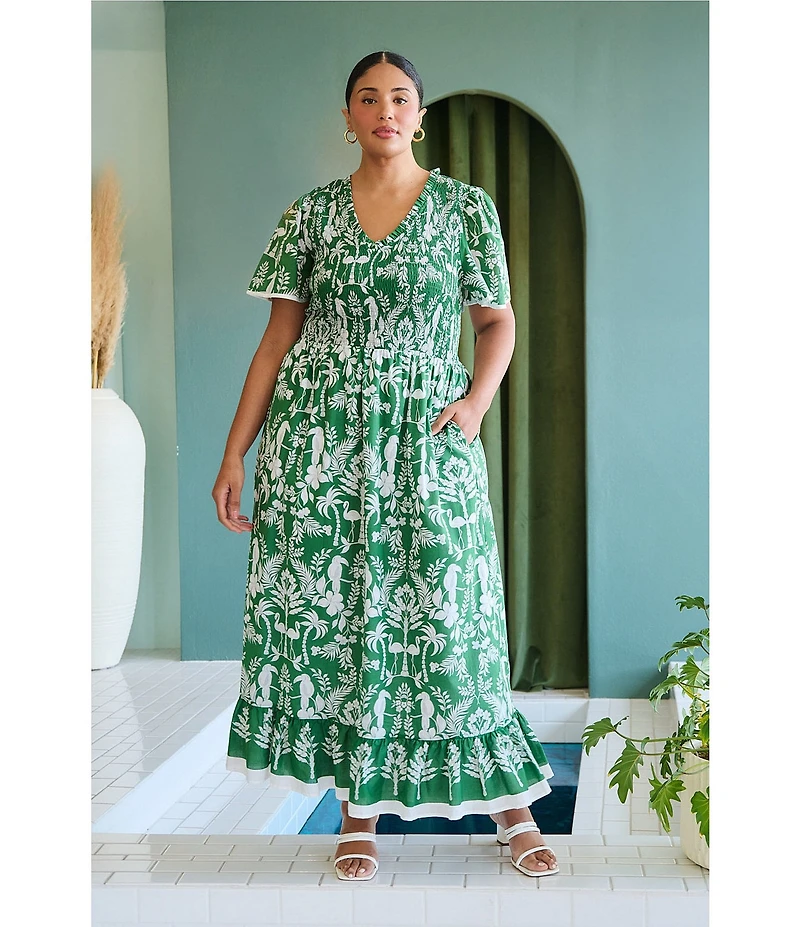Sugarlips Plus Size Tropical Printed Adina Smocked V-Neck Short Sleeve A-Line Maxi Dress