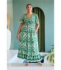 Sugarlips Plus Size Tropical Printed Adina Smocked V-Neck Short Sleeve A-Line Maxi Dress