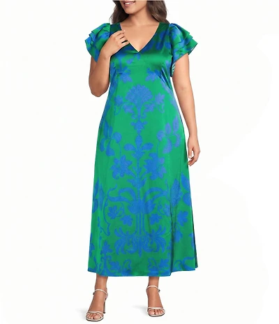 Sugarlips Plus Size Vallie Floral Print Ritany Empire Waist V-Neck Flutter Sleeve Satin Maxi Dress