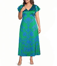 Sugarlips Plus Size Vallie Floral Print Ritany Empire Waist V-Neck Flutter Sleeve Satin Maxi Dress