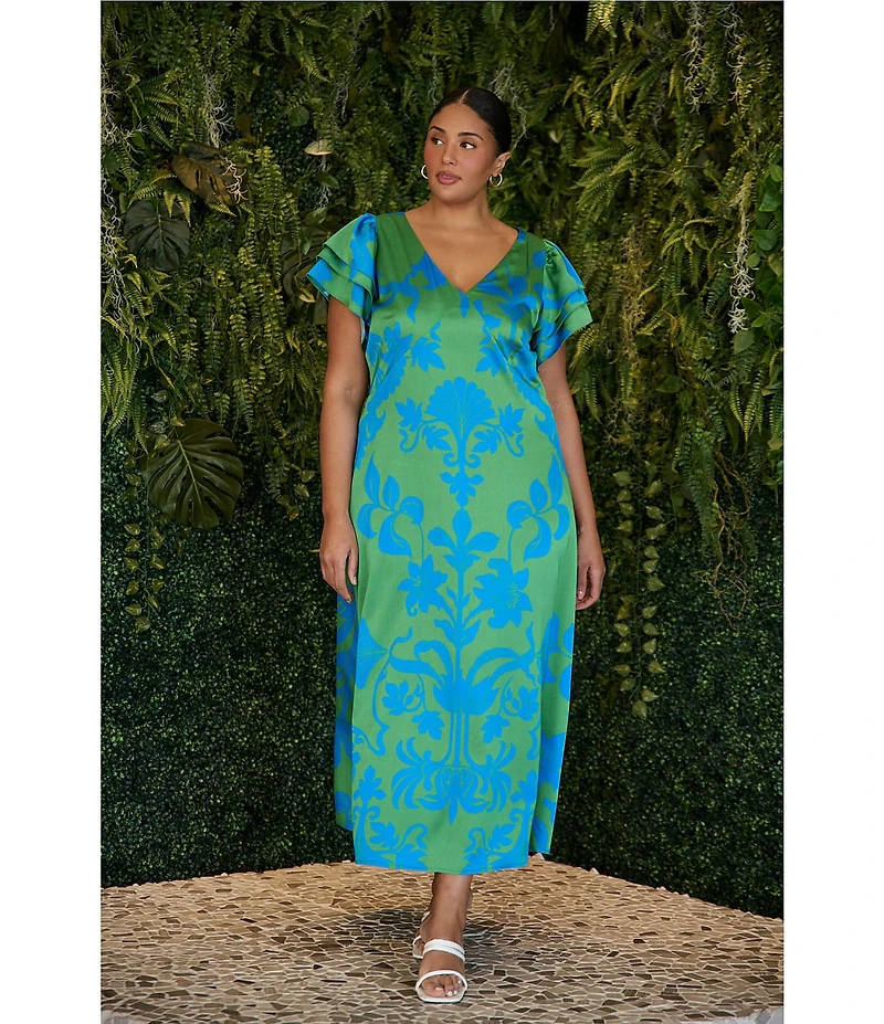 Sugarlips Plus Size Vallie Floral Print Ritany Empire Waist V-Neck Flutter Sleeve Satin Maxi Dress