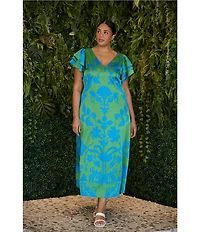 Sugarlips Plus Size Vallie Floral Print Ritany Empire Waist V-Neck Flutter Sleeve Satin Maxi Dress