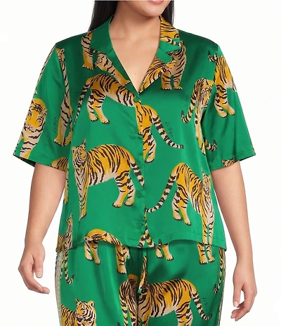 Sugarlips Plus Size Violda Tiger Printed Satin Collared Short Sleeve Button Down Coordinating Top