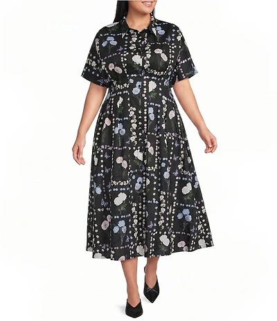 Sugarlips Plus Size Wilderra Pleated Trevis Floral Printed Collared Short Sleeve Midi Dress