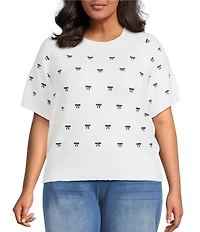 Sugarlips Plus Size Winder Embroidered Bow Crew Neck Short Sleeve Cropped Sweater