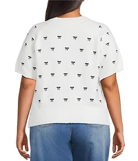 Sugarlips Plus Size Winder Embroidered Bow Crew Neck Short Sleeve Cropped Sweater