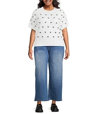 Sugarlips Plus Size Winder Embroidered Bow Crew Neck Short Sleeve Cropped Sweater