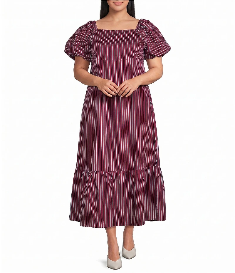 Sugarlips Plus Size Xena Striped Square Neck Short Puff Sleeve A-Line Midi Dress