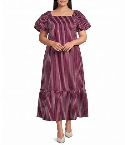 Sugarlips Plus Size Xena Striped Square Neck Short Puff Sleeve A-Line Midi Dress