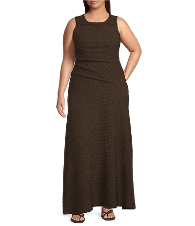 Sugarlips Plus Size Yahaira Boatneck Sleeveless Flounce Bubble Ruched Textured Maxi Dress