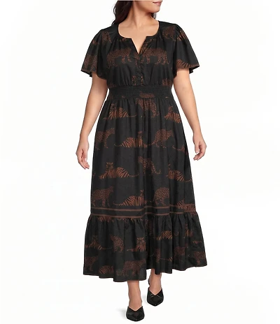 Sugarlips Plus Size Zenzi Jungle Ordy Split Neck Short Sleeve Smocked Waist Midi Dress