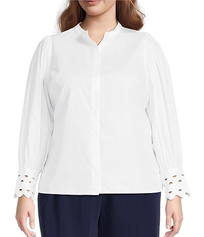 Sugarlips Plus Size Ziana Crew Neck Long Ric Rac Trim Sleeve Button Down Shirt