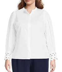 Sugarlips Plus Size Ziana Crew Neck Long Ric Rac Trim Sleeve Button Down Shirt