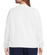 Sugarlips Plus Size Ziana Crew Neck Long Ric Rac Trim Sleeve Button Down Shirt