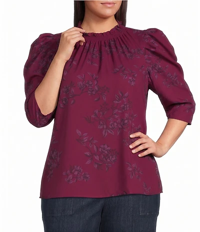 Sugarlips Plus Size Zurum Floral Print Mock Neck Draped Half-Sleeve Top