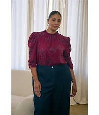 Sugarlips Plus Size Zurum Floral Print Mock Neck Draped Half-Sleeve Top