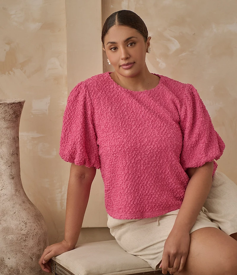 Sugarlips Plus Stretchy Textured Puffed Sleeve Cropped Top