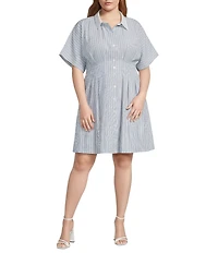 Sugarlips Plus Stripe Print Wilderra Pleated Collard Neck Short Sleeve Mini Dress