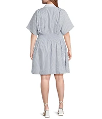 Sugarlips Plus Stripe Print Wilderra Pleated Collard Neck Short Sleeve Mini Dress